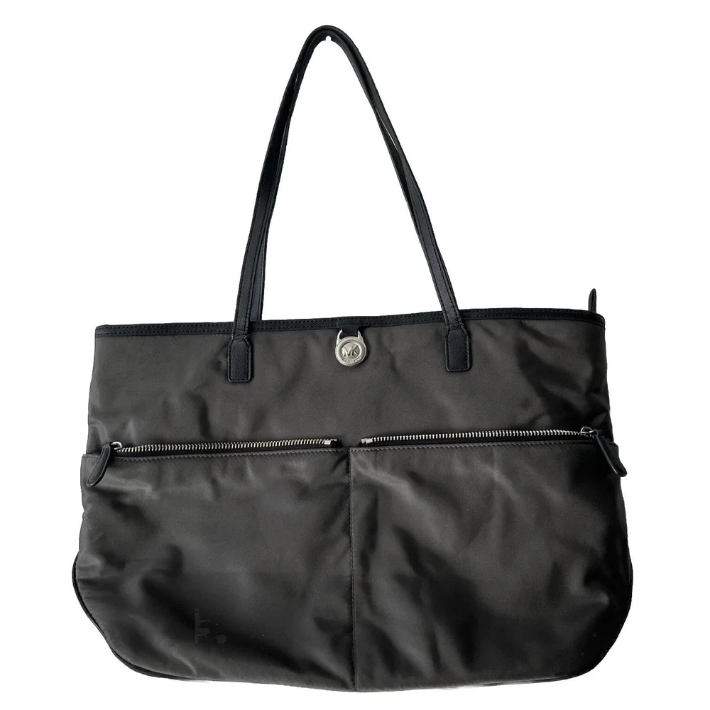 Michael Kors Kempton Gray Nylon Zip Top Tote Bag Purse Blue Lining Large